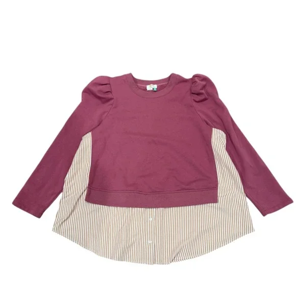 Maeve Anthropologie Layered Tunic Sweatshirt 3X Mixed Media Puff Sleeve Mauve Pi - Picture 2 of 12